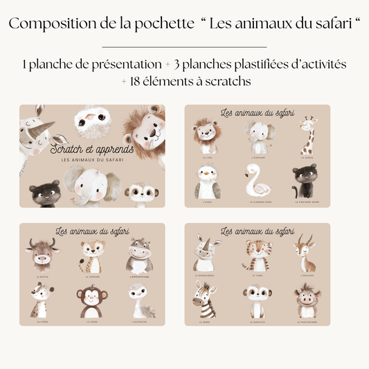Pochette de planches d'activités éducatives à scratch "Les animaux du safari"