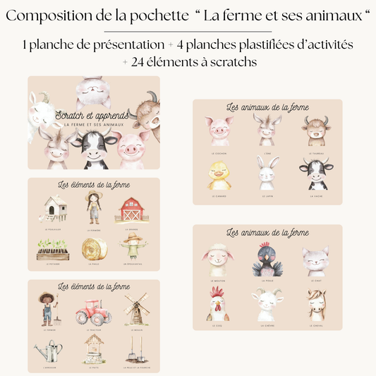 Pochette de planche d'activités éducatives à scratch "La ferme et ses animaux"