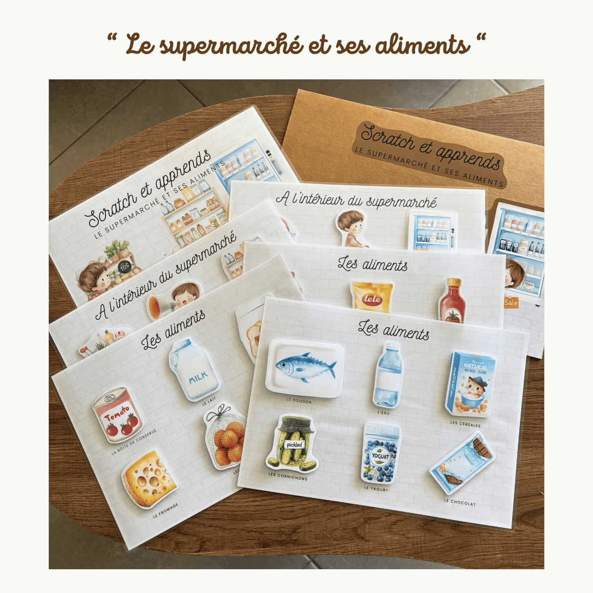 Pochette de planches d'activités éducatives à scratch "Le supermarché et ses aliments"