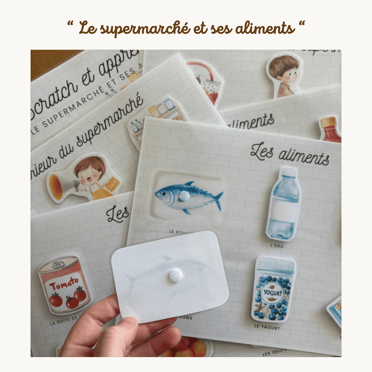 Pochette de planches d'activités éducatives à scratch "Le supermarché et ses aliments"