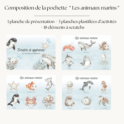 Pochette de planches d'activités éducatives à scratch "Les animaux marins"