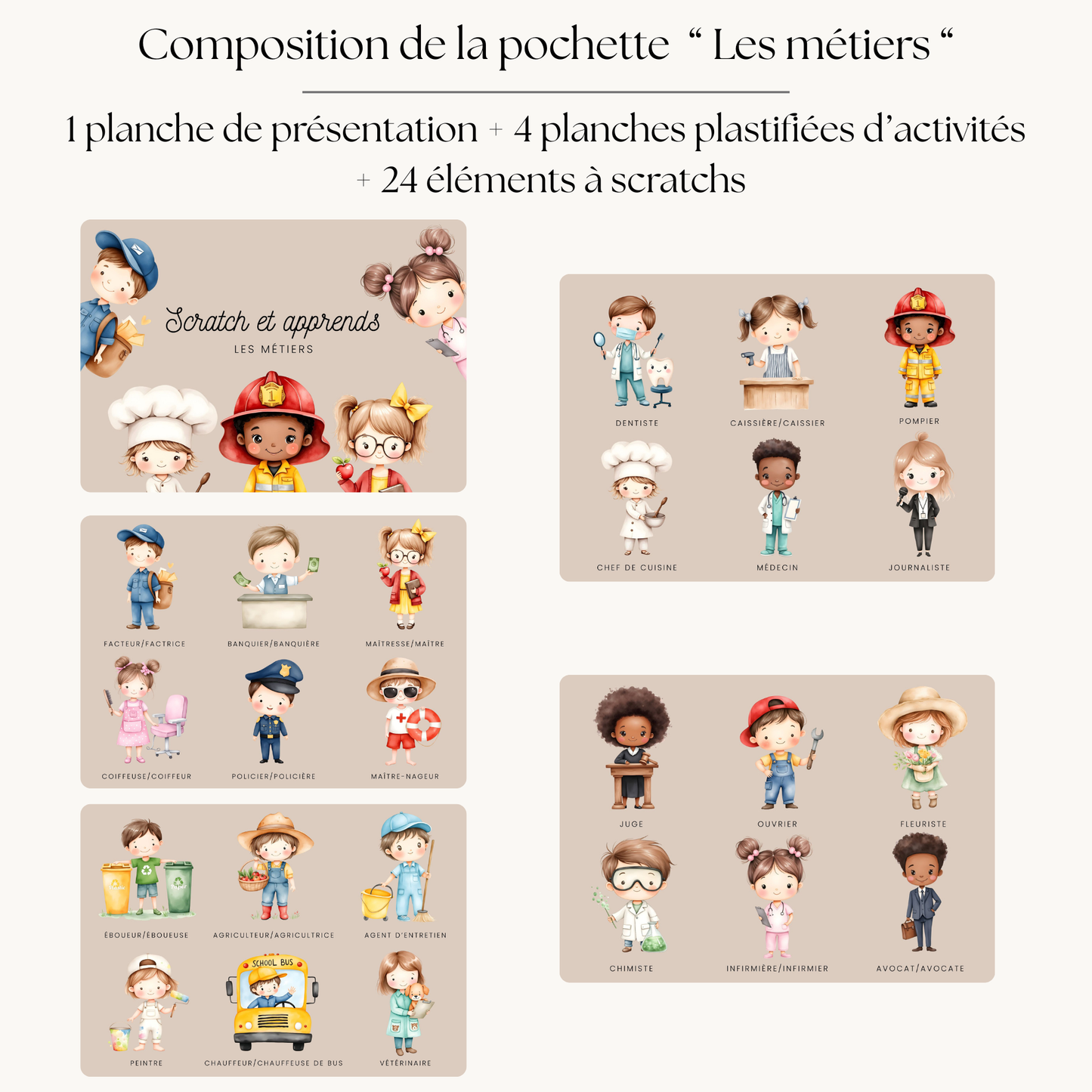 Pochette de planches d'activités éducatives à scratch "Les métiers"