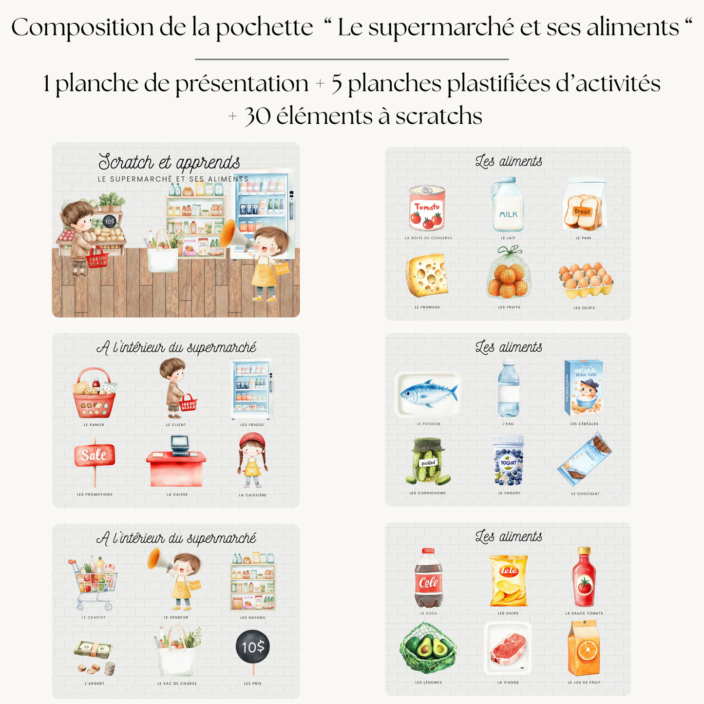 Pochette de planches d'activités éducatives à scratch "Le supermarché et ses aliments"