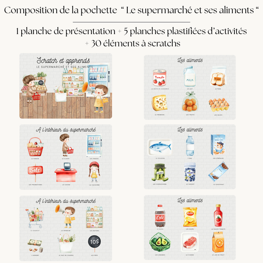 Pochette de planches d'activités éducatives à scratch "Le supermarché et ses aliments"