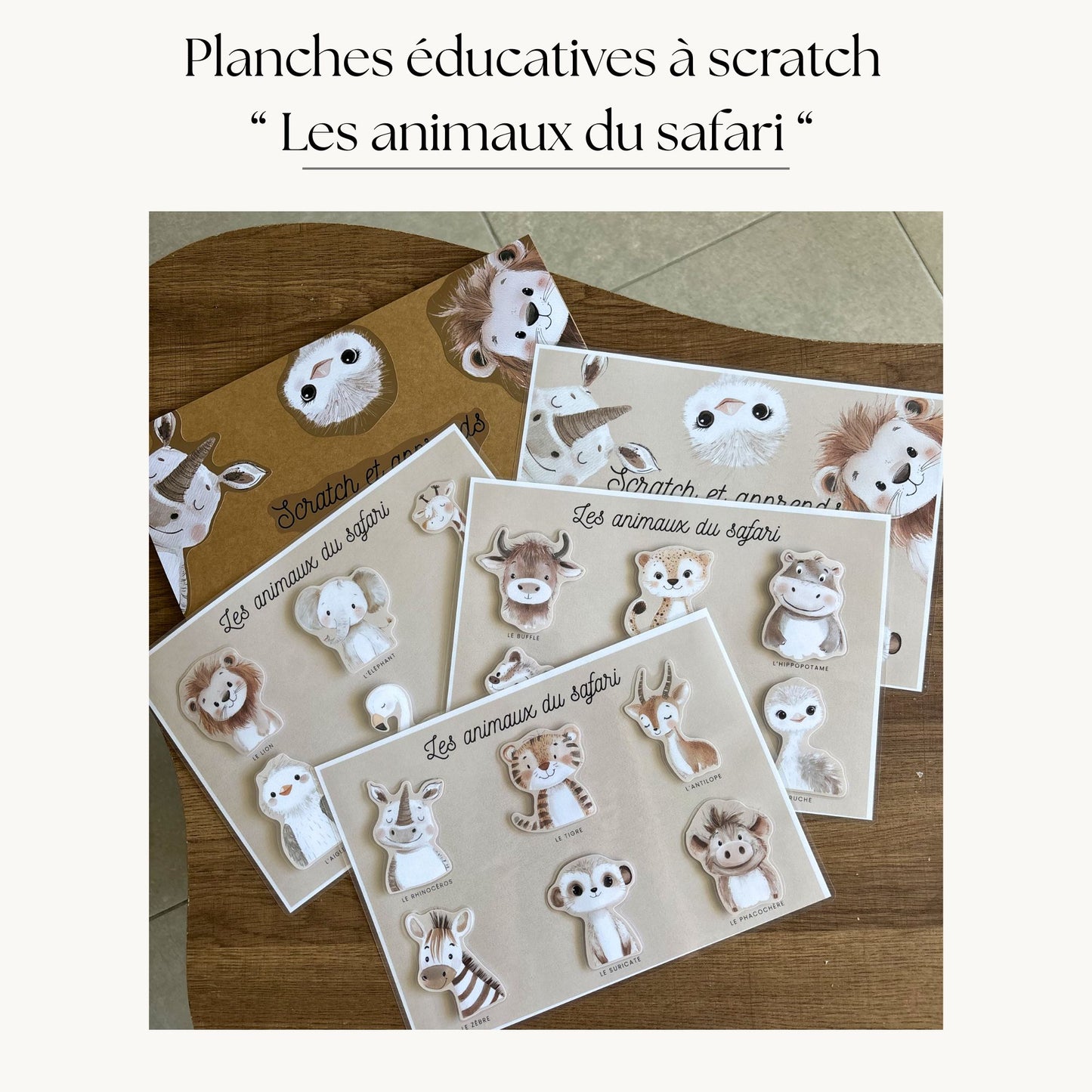 Pochette de planches d'activités éducatives à scratch "Les animaux du safari"