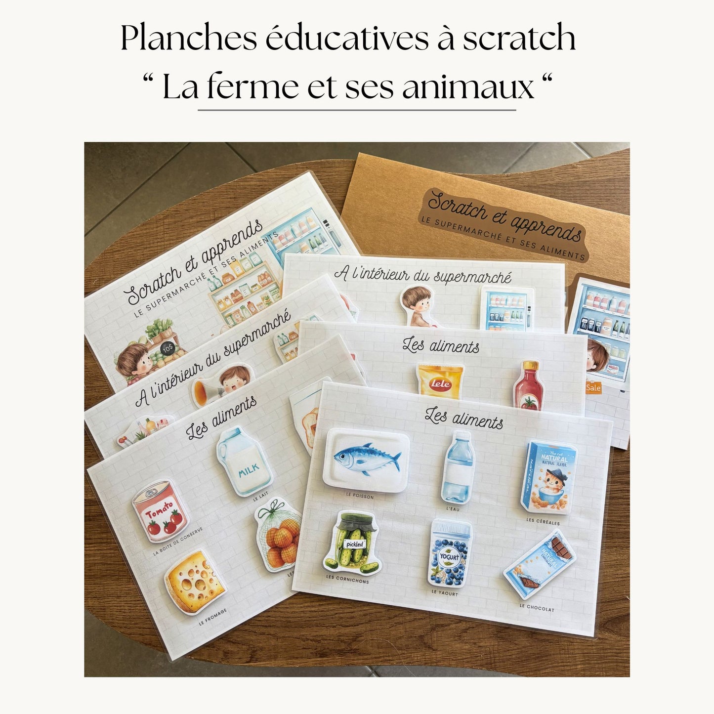 Pochette de planches d'activités éducatives à scratch "Le supermarché et ses aliments"